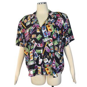 Vintage Early 90s Rayon Postage Stamp Print Blouse Shirt Novelty Print L